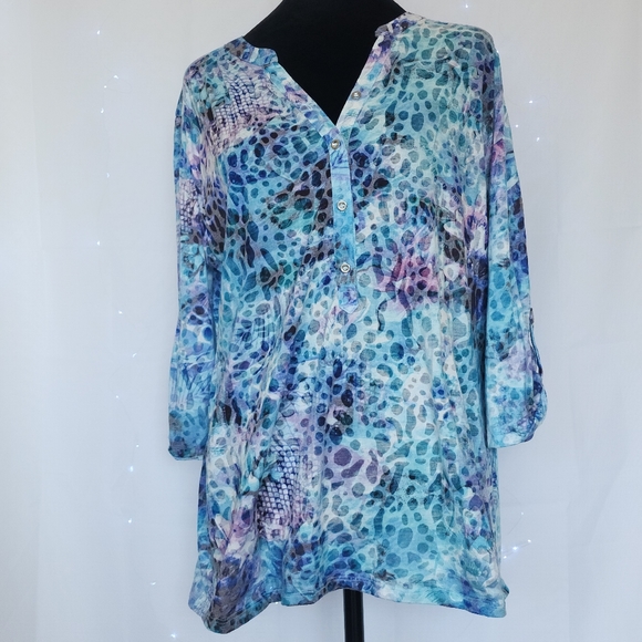 C&A Canda Premium Blue Green Blouse Sheer Lightweight Colorful 3/4 sleeves tab - Picture 4 of 15